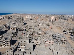 An aerial view shows the Al-Maqussi Towers district, heavily damaged by massive Israeli bombardment over the past two years, in northwestern Gaza City on October 15, 2025, during a US-brokered ceasefire between Israel and Palestinian factions. Photo by AFP Gaza's reconstruction
