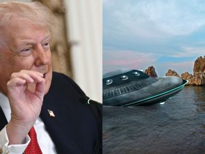 UFO, broken space saucer lies in the water on the banks of a sea or lake