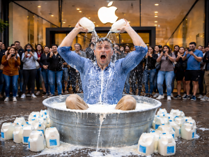 رجل يستحم بالحليب أمام متجر آبل 