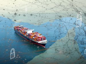 سفينة حاويات مزودة بقفل أمني رقمي مع طبقة شبكية افتراضية، في تجسيد لمفهوم حماية التجارة البحرية، والأمن السيبراني في قطاع الخدمات اللوجستية، وسلاسل الإمداد العالمية