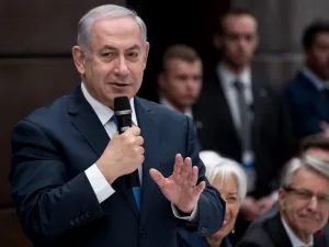 Israeli Prime Minister Benjamin Netanyahu addresses actors of the economic sector during a lunch as part of the 54th Munich Security Conference, on Feb. 16, 2018 in Munich. Global security chiefs and top diplomats attend the annual Munich Security Conference running until Feb. 18, 2018 to discuss Syria, Ukraine and other international conflicts and crises.
(Sven Hoppe / DPA / AFP)