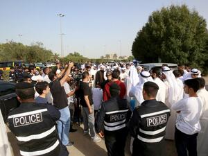 Kuwaiti Shiites gather before the Iranian embassy in Kuwait City on Mar. 7, 2018 to demonstrate calling for the release of Iranian Shiite cleric Hossein al-Shirazi, who was arrested in the Iranian Shiite holy city of Qom a month prior. 
(YASSER AL-ZAYYAT / AFP)