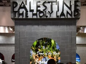 A view of the Palestine stand is pictured at the International Tourism Trade Fair (ITB, Internationale Tourismusboerse) in Berlin during the fair's opening day on Mar. 7, 2018. The business platform for global touristic offers is running from Mar. 7 to 11, 2018.
(John MACDOUGALL / AFP)