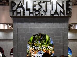 A view of the Palestine stand is pictured at the International Tourism Trade Fair (ITB, Internationale Tourismusboerse) in Berlin during the fair's opening day on Mar. 7, 2018. The business platform for global touristic offers is running from Mar. 7 to 11, 2018.
(John MACDOUGALL / AFP)