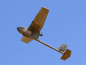 An RQ-11 Raven Small Unmanned Aircraft System is seen during the joint Israeli-US military "Juniper Cobra" exercise at the Tze'elim Urban Warfare Training Centre (UWTC) base in southern Israel on Mar. 12, 2018. Exercise Juniper Cobra is a five-day combined military exercise between Israel and the United States. 
(JACK GUEZ / AFP)