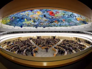 General view of the United Nations Human Rights Council during the presentation of report by the Commission of Inquiry on Syria, on Mar.13, 2018 in Geneva. Syria enters its eighth year of war on Mar.15, 2018 free of the jihadist "caliphate" but torn apart by an international power struggle as the regime presses its blistering reconquest.
(Fabrice COFFRINI / AFP)