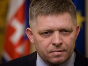 Slovak Prime Minister Robert Fico looks on during a press conference in Bratislava on Mar. 14, 2018. Slovak Prime Minister Robert Fico announced Wednesday, Mar. 14, 2018, his resignation, demanded by the opposition, following the assassination in February of the investigative journalist Jan Kuciak.
(VLADIMIR SIMICEK / AFP)