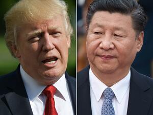 (COMBINED) This combination of file photos on Sep.18, 2017 shows U.S. President Donald Trump speaking about Hurricane Irma upon in Washington, DC on Sep.10, 2017 and taken on Sep.13, 2017 showing Chinese President Xi Jinping during a welcome ceremony outside the Great Hall of the People welcoming Sultan of Brunei Hassanal Bolkiah (not seen) in Beijing. (MANDEL NGAN, NICOLAS ASFOURI / AFP)