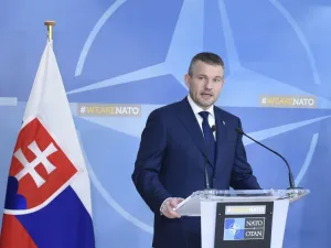 Slovak Prime Minister Peter Pellegrin talks during a joint press after their bilateral meeting with NATO Secretary General on Apr. 12, 2018 at the Nato Headquarters in Brussels. Reports state that Pellegrin's new government is making NATO orientation of Slovakia a priority. 
(JOHN THYS / AFP)