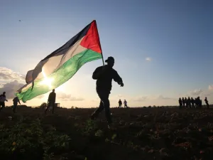 A Palestinian protester carries a national flag during a demonstration near the border between Israel and Khan Yunis in the southern Gaza Strip. (AFP/File)
