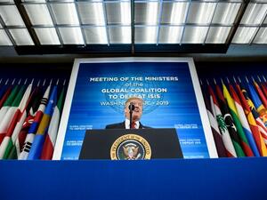 US President Donald Trump speaks the Ministers of the Global Coalition to Defeat ISIS at the US Department of State February 6, 2019 in Washington, DC (AFP)