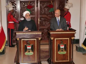 Iranian President Hassan Rouhani (L) speaks during a joint press conference with his Iraqi counterpart Barham Saleh at the Presidential palace in Baghdad on March 11, 2019. (AFP/ File)