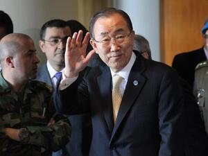 UN Secretary General Ban Ki-moon waves upon his arrival to Beirut International Airport on March 24, 2016. Ban Ki-moon arrived in Lebanon for a two-day visit during which he is to inspect camps for Palestinian and Syrian refugees. (AFP/Anwar Amro)