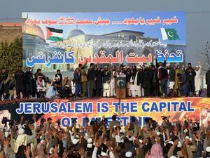 Leaders of the Defence of Pakistan Council attend a conference organised to protest U.S. President Donald Trump's decision to recognise Jerusalem as the capital of Israel in Peshawar on Jan. 7, 2018. 
(ABDUL MAJEED / AFP)