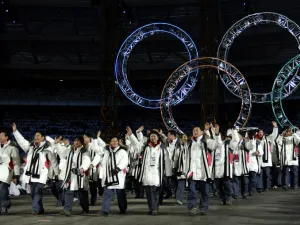 This file photo taken on February 10, 2006 shows South Korean and North Korean athletes marching together during the opening ceremony of the 2006 Winter Olympics at the Olympic stadium in Turin (ERIC FEFERBERG / AFP)