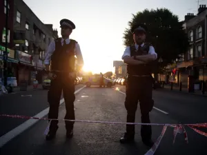 In this file photo taken on June 19, 2017 police guard a street in the Finsbury Park area of north London after a vehichle hit pedestrians. Darren Osborne was found guilty on Feb. 1, 2018 of murder and attempted murder after deliberately driving into a group of people outside a London mosque.

(Daniel LEAL-OLIVAS / AFP)