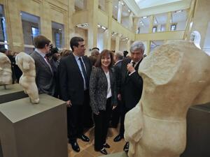 U.S. Ambassador to Lebanon Elizabeth Richards (C) inspects repatriated marble sculptures dating back to 4th to 6th centuries on display during a ceremony at Beirut National Museum in the Lebanese capital on February 2, 2018. The Lebanese Ministry of Culture and the Directorate-General of Antiquities repatriated in December 2017 and January 2018 five marble sculptures lost during the war in 1981. (JOSEPH EID / AFP)