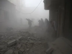 Syrian flee their homes following an airstrike in the rebel-held besieged town of Arbin, in the eastern Ghouta region on the outskirts of the capital Damascus on Feb. 2, 2018. 
(ABDULMONAM EASSA / AFP)