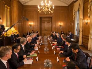 Britain's Prime Minister Theresa May (6R) hosts a roundtable with Japanese investors in the UK at 10 Downing Street in central London on Feb. 8, 2018 hosted by Britain's Prime Minister Theresa May. 
(Daniel LEAL-OLIVAS / AFP)