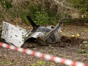 A picture taken on Feb. 10, 2018, shows the remains of a missile that crashed earlier in Alonei Abba, east of Haifa, in northern Israel. Israel struck a dozen Syrian and Iranian targets inside Syria in "large-scale" raids after an Israeli fighter jet crashed under fire from Syrian air defences in a severe increase in tensions, the military said.
(Jack GUEZ / AFP)