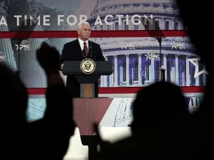 U.S. Vice President Mike Pence speaks during CPAC 2018 Feb. 22, 2018 in National Harbor, Maryland. The American Conservative Union hosted its annual Conservative Political Action Conference to discuss conservative agenda. (Alex Wong / Getty Images / AFP) 