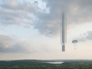 Analemma Tower, created by Clouds Architecture Office, will be suspended from an orbiting asteroid. (Cloudsao)