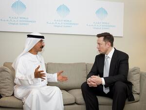 DP World Group Chairman and CEO Sultan Ahmed Bin Sulayem (L) and Tesla and SpaceX CEO Elon Musk exchanging views. 