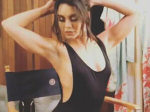 Saucy: Vanessa Hudgens appeared to be in a reflective mood on Wednesday as she posted a rather saucy throwback on Instagram of herself clad in a figure-flaunting black swimsuit (Source: Vanessa Hudgens - Instagram)