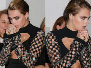 Beauty: Cara sported a grungy smokey eyes which perfectly complemented her slicked back locks (Source: Dave Allocca -Starpix - REX - Shutterstock)