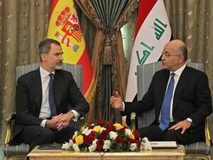 Iraqi President Barham Saleh (R) receives the King of Spain Felipe VI in the capital Baghdad on January 30, 2019. King Felipe visited special forces helping Iraq fight terrorists, during the first trip by a Spanish monarch to the war-ravaged country in four decades, a diplomat said.
AHMAD AL-RUBAYE / AFP