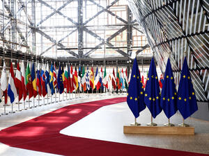 EU flags in EU Council building during the EU Summit (Shutterstock)