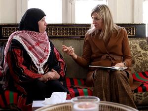 UN Secretary-General's Special Advocate for Inclusive Finance for Development, Queen Maxima of the Netherlands visits the house of Jordanian national Fatima Al Zobi (L) in Salt, some 30 kilometers north of the capital Amman, on February 11, 2019. (AFP)