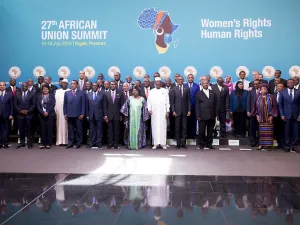 Egypt’s President Abdel-Fattah El-Sisi, far left, with African heads of state at the AU summit in Kigali, Rwanda. (AFP/Cyril Ndegeya)