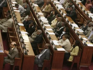 Ethiopian Prime Minister Meles Zenawi (L) talks at the parliament. (JOSE CENDON / AFP)