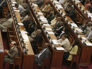 Ethiopian Prime Minister Meles Zenawi (L) talks at the parliament. (JOSE CENDON / AFP)