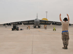 A US Air Force B-52 bomber arrives at Al Udeid Air Base, Qatar. (AFP/File)