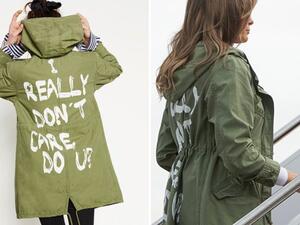 “I REALLY DON’T CARE, DO U?” written on the back of Melania’s jacket (Twitter)