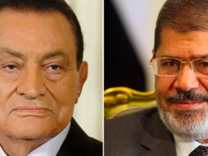 Mubarak (L) testifies in trial of Mohammad Morsi (Twitter)