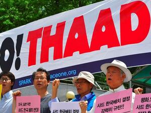 Activists protest against the deployment of the US-built Thaad anti-missile system outside the Defense Ministry in Seoul. (AFP/ File Photo)
