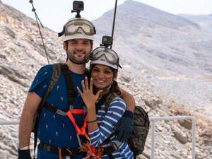 Adrian Mackay, a 30-year-old from Bengaluru, India, popped the question to his wife-to-be as she came in to land on the suspended platform high up on Jebel Jais, the UAE's tallest mountain (Twitter)