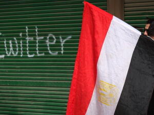 A shop in Tahrir Square is spray painted with the word Twitter after the government shut off internet access on February 4, 2011 in Cairo, Egypt. (Getty Images)