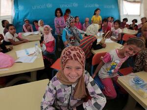 The Bahrain Academic Complex was the first school in the Zaatari refugee camp and houses 16 classrooms and one nursery. (Xinhua/Mohammad Abu Ghosh)