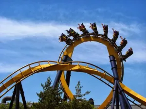 Batman: The Ride, the world’s first suspended outside-looping roller coaster  at the Six Flags Great America theme park in Chicago. (Wikipedia) 