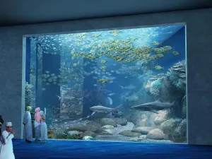 The ocean tank will have 1.7 million litres of sea water and will be stocked with fish and sharks from the coasts of Oman.  (Crossley Architects)