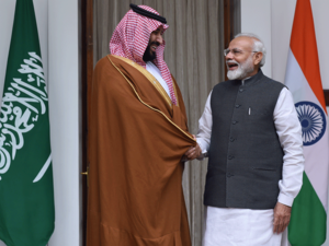 Indian Prime Minister Narendra Modi shakes hands with Saudi Crown Prince Mohammed bin Salman prior to a meeting at Hyderabad House in New Delhi on February 20, 2019. (AFP)