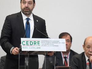 Lebanese Prime Minister Saad Hariri speaks at the CEDRE conference in Paris on April 6, 2018. (Eric FEFERBERG / AFP)