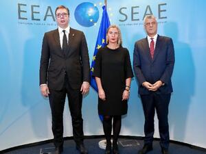 Aleksandar Vucic's remarks followed his meeting with EU foreign policy chief Federica Mogherini together with Kosovo President Hashim Thaci in Brussels (Twitter)