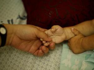 أم الطفل أحمد عباس الذي يعاني من التليف الكيسي تمسك يد ابنها في مستشفى بغزة 
