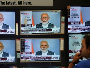 مودي خلال خطابه المتلفز الذي اعلن فيه عن اسقاط القمر الاصطناعي
