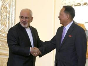 وزير الخارجية الايراني محمد جواد ظريف (يسار) مستقبلا نظيره الكوري الشمالي ري يونغ هو في طهران
